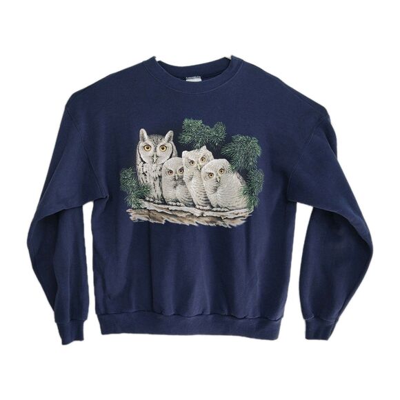 VTG Hanes Activewear Owl Nature Wildlife Print Pullover Sweatshirt Men XL Navy - Picture 1 of 9